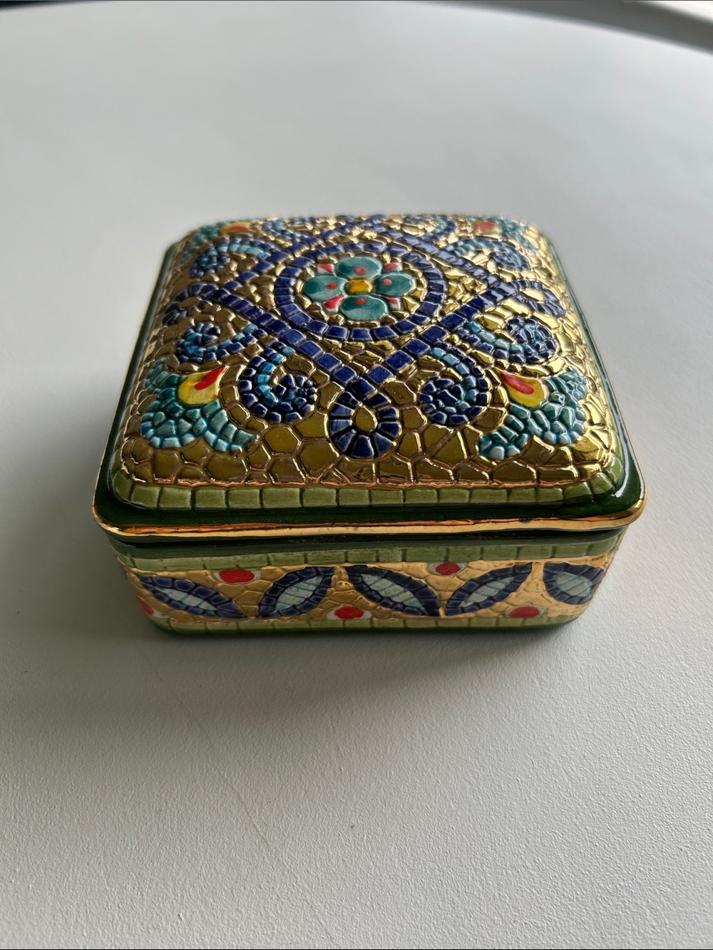 Decorative Mosaic-Style Trinket Box in Gold and Blue - Unbranded